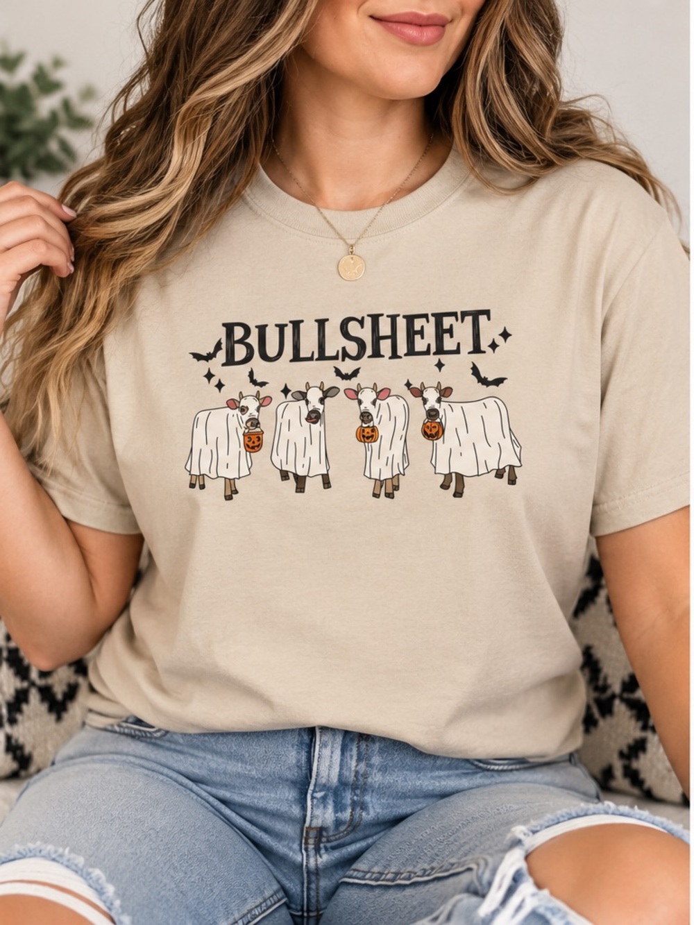Gildan Beige 'BullSheet' Halloween Cow Graphic Tee